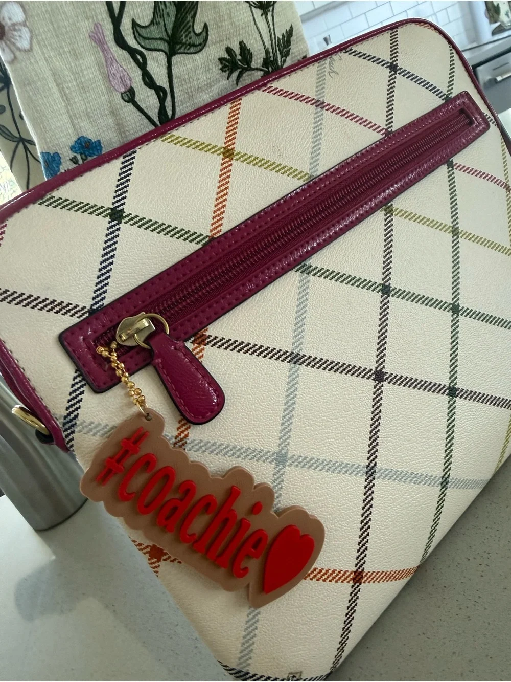 Coach Tattersall plaid Peyton tablet iPad, Crossbody case EUC w/coachie charm